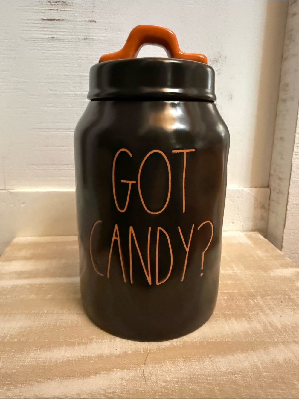 Rae Dunn Got Candy? Ceramic Candy Jar - Black with Orange Lid